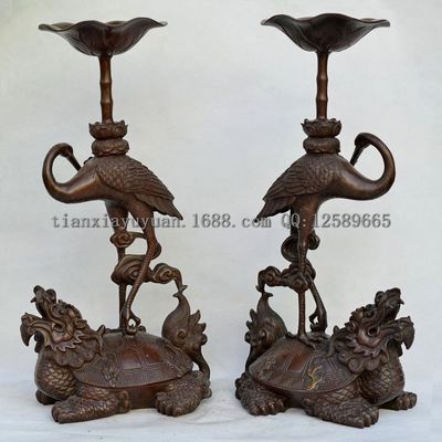 批发精品铜器 纯铜仿古龟鹤延年独占鳌头烛台 龟鹤蜡台摆件工艺品
